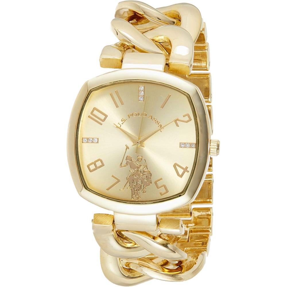 imageUS Polo Assn Womens GoldTone Chain Bracelet Watch 38mm Square Case Rhinestone Dial Adjustable Link Strap Elegant Quartz Dress Watch with GiftBox
