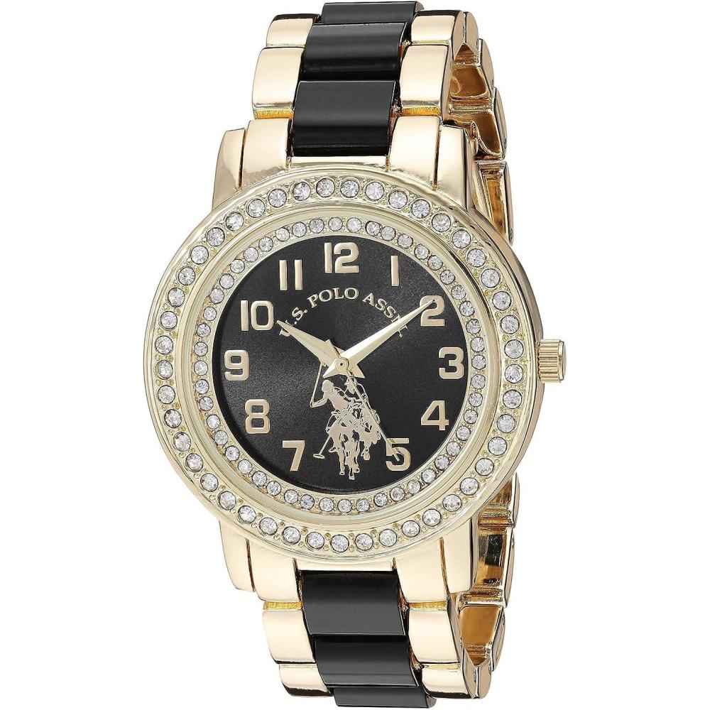imageUS Polo Assn Womens GoldTone Watch with Black Dial and Crystal Bezel TwoTone Link Bracelet Quartz Analog Timepiece Fits Wrists 55quot8quot with 40mm Case in GiftBox