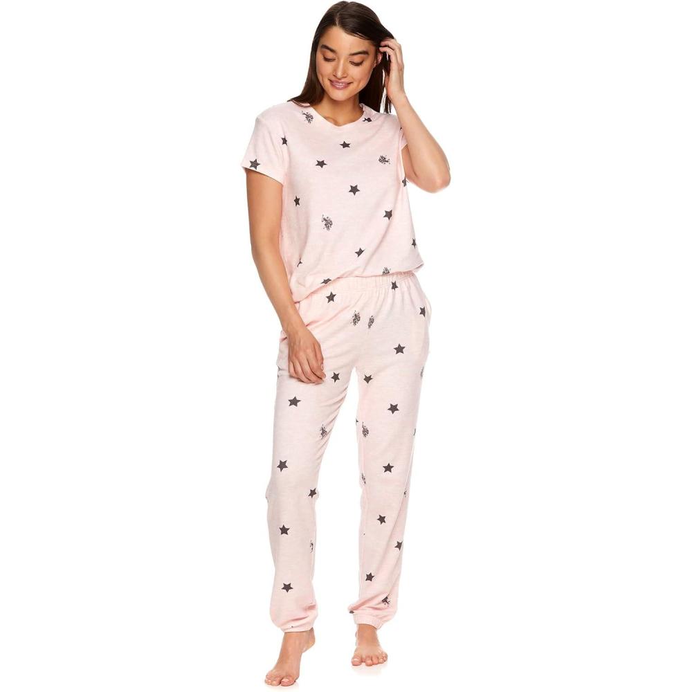 imageUS Polo Assn Womens Lounge and Pajama Set ShortSleeve Top and Jogger Pajamas for WomenLight Pink Heather2