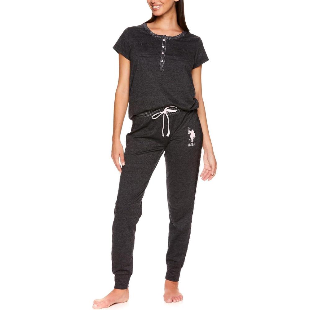 imageUS Polo Assn Womens Pajama Set Short Sleeve PJs with Jogger Pajama PantsDark Charcoal Heather1