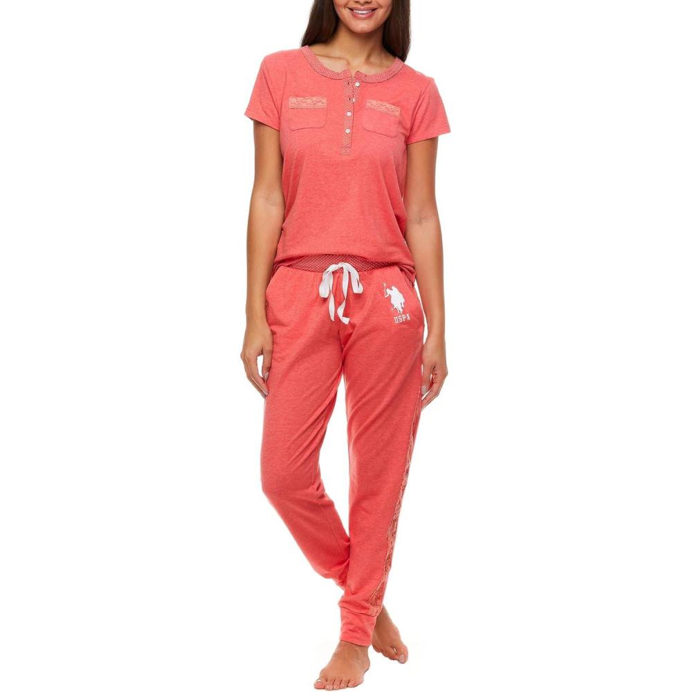 imageUS Polo Assn Womens Pajama Set Short Sleeve PJs with Jogger Pajama PantsGeorgia Peach Heather