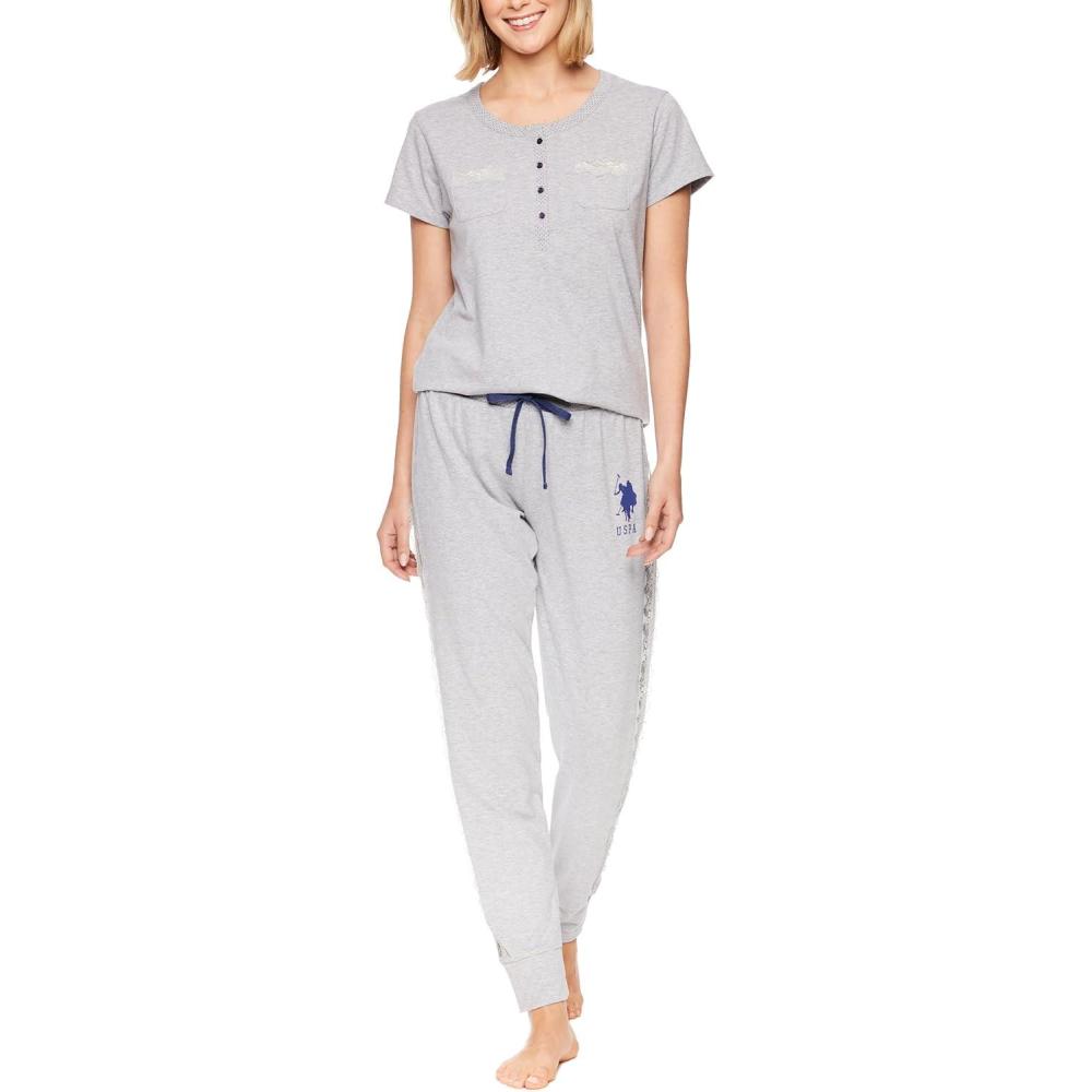 imageUS Polo Assn Womens Pajama Set Short Sleeve PJs with Jogger Pajama PantsHeather Gray2
