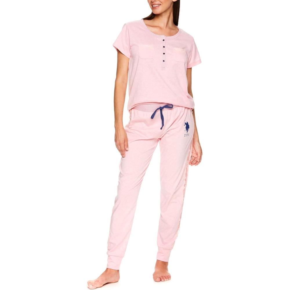 imageUS Polo Assn Womens Pajama Set Short Sleeve PJs with Jogger Pajama PantsLight Pink Heather2