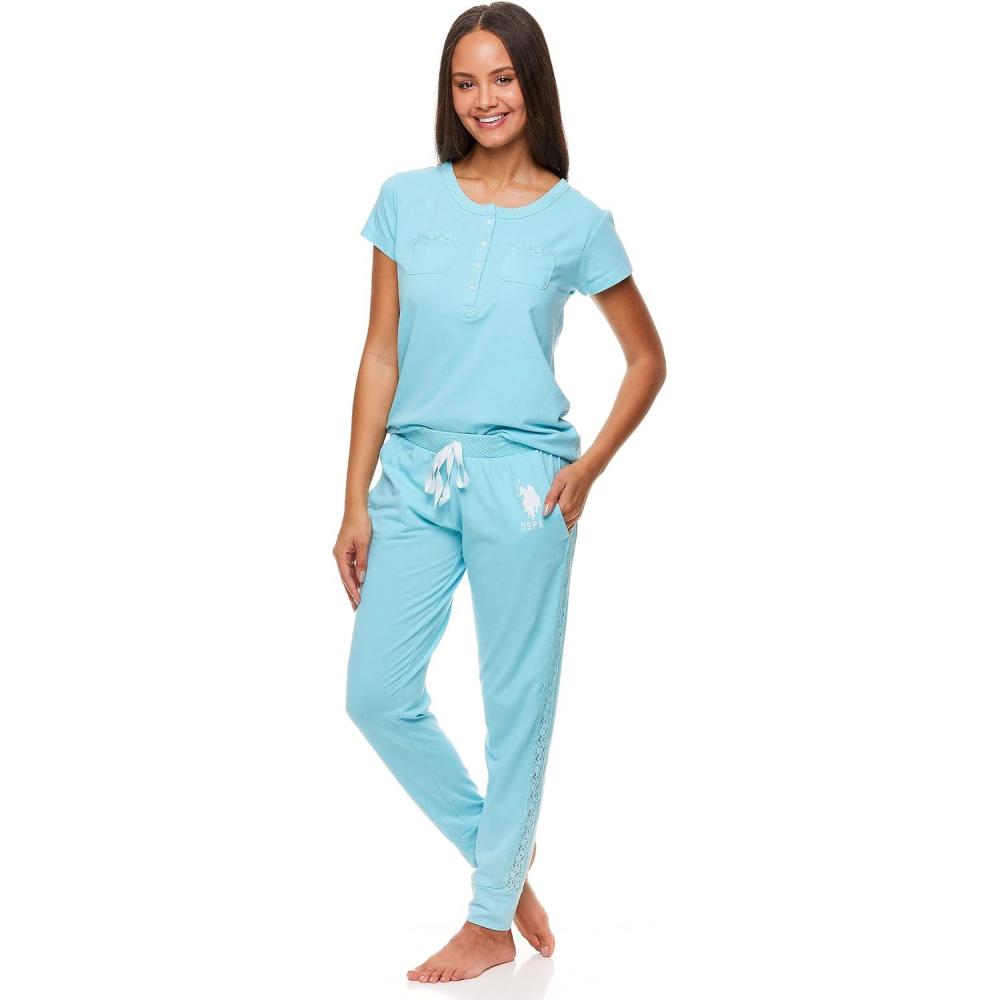 imageUS Polo Assn Womens Pajama Set with Pockets Short Sleeve Shirt and Pajama Pants Pj SetBlack Heather