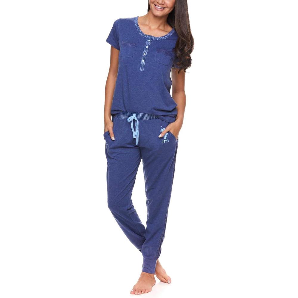 imageUS Polo Assn Womens Pajama Set with Pockets Short Sleeve Shirt and Pajama Pants Pj SetBlue Depth Heather