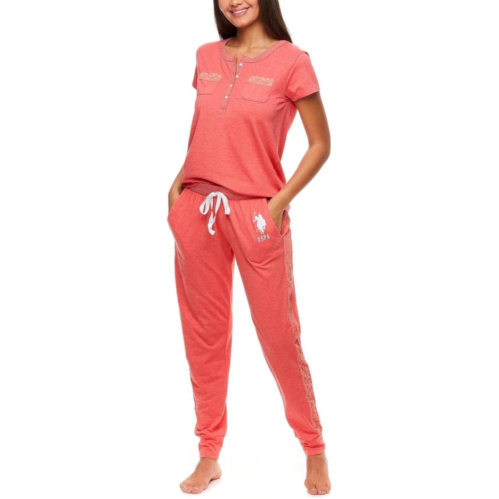 imageUS Polo Assn Womens Pajama Set with Pockets Short Sleeve Shirt and Pajama Pants Pj SetGeorgia Peach Heather