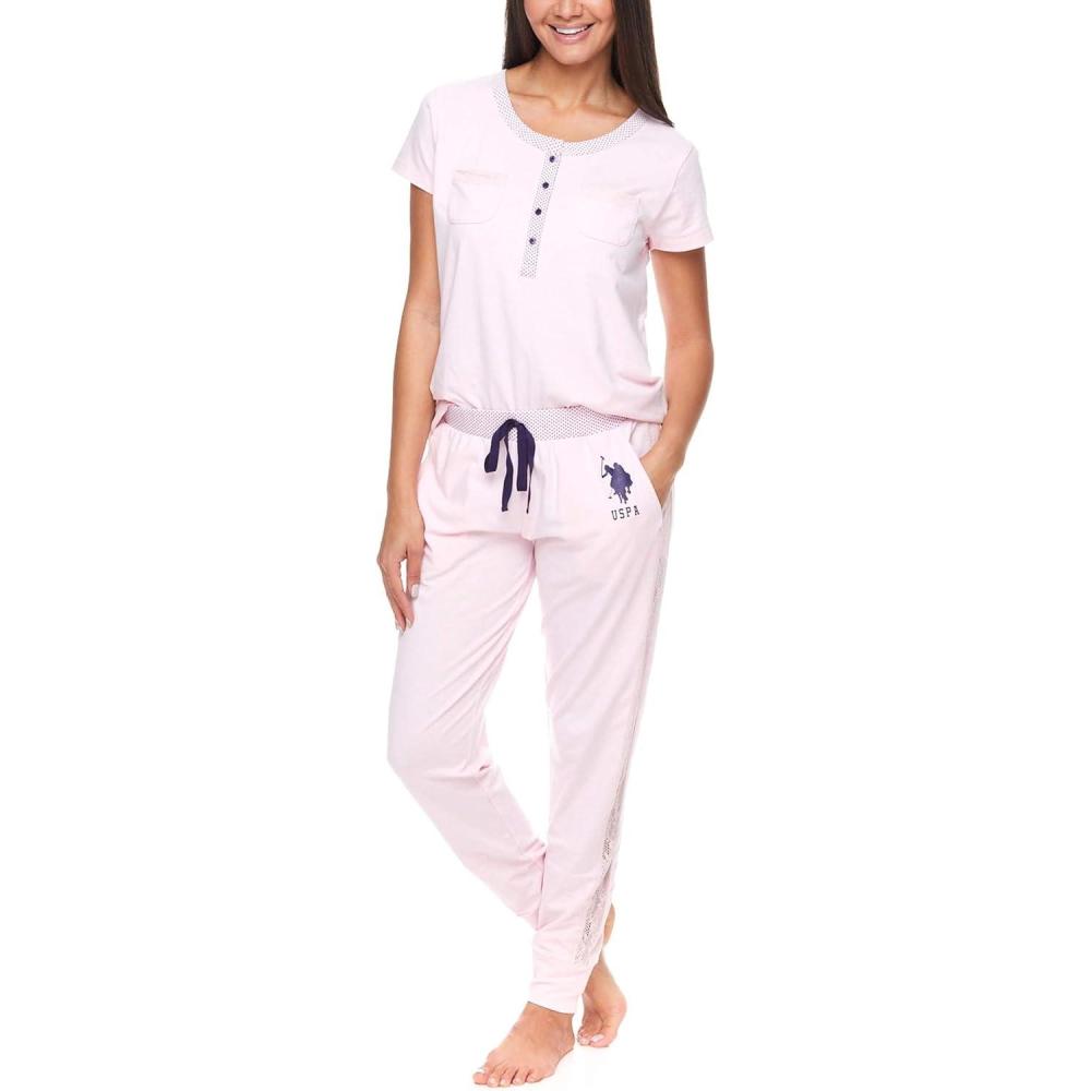 imageUS Polo Assn Womens Pajama Set with Pockets Short Sleeve Shirt and Pajama Pants Pj SetLight Pink Heather