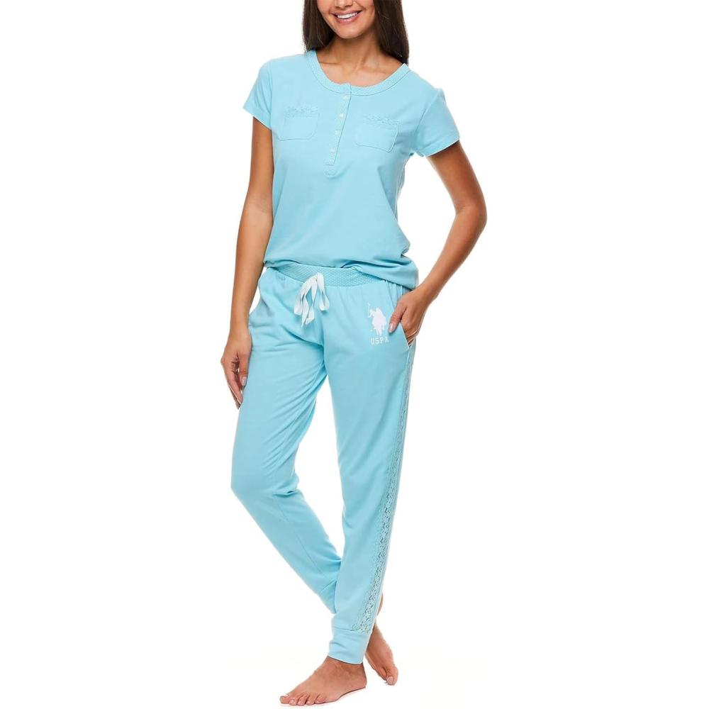 imageUS Polo Assn Womens Pajama Set with Pockets Short Sleeve Shirt and Pajama Pants Pj SetMint Heather