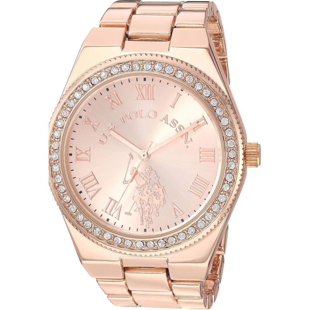 imageUS Polo Assn Womens Rose Gold Watch with Roman Numerals and Crystal Bezel Accent Elegant Analog Quartz Timepiece with Polished Link Bracelet Fits Wrists 55quot8quot