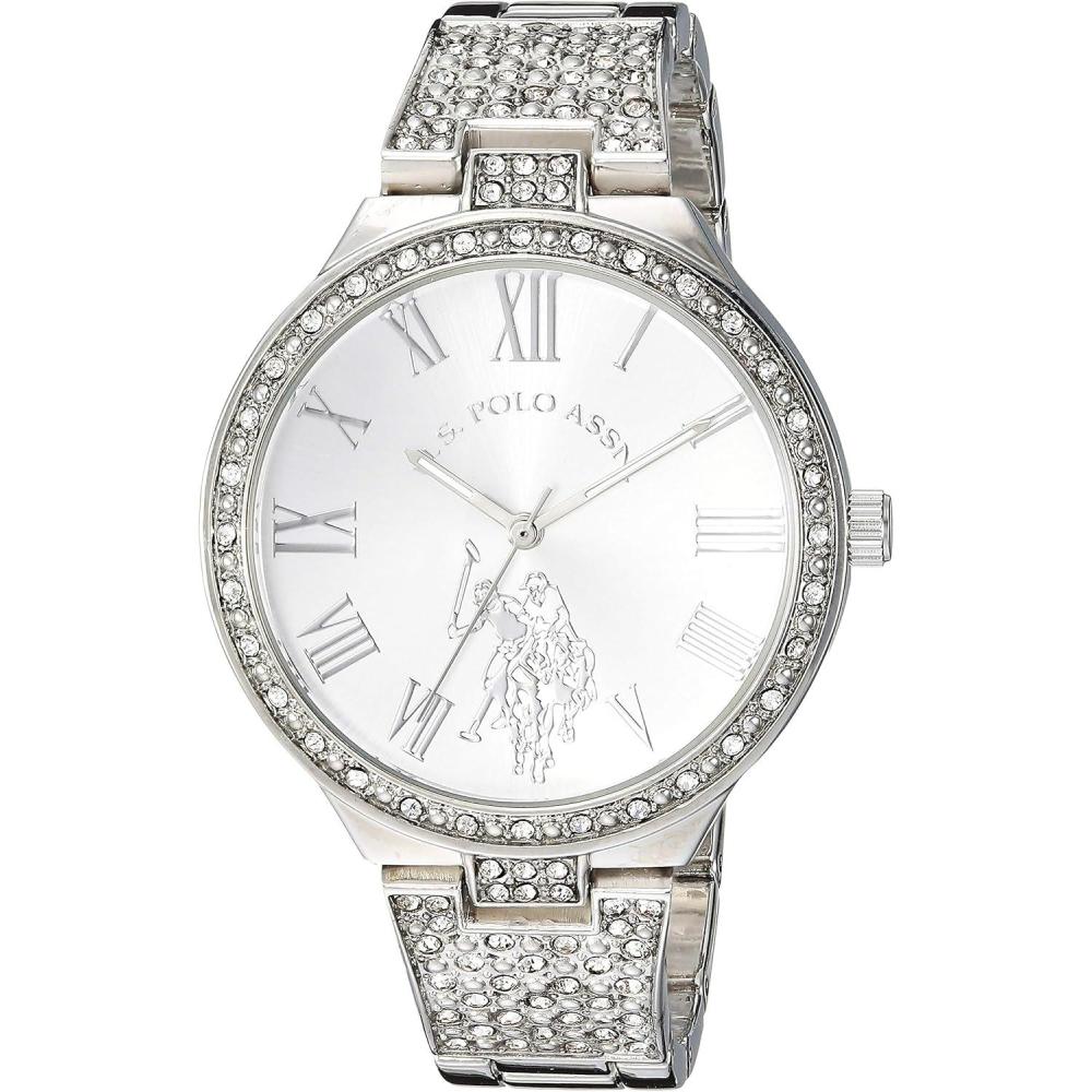imageUS Polo Assn Womens Silver Crystal Analog Watch with Roman Numerals and Polished Bracelet Band Sparkling Pav Dial Accents Fits Wrists 55quot to 8quot