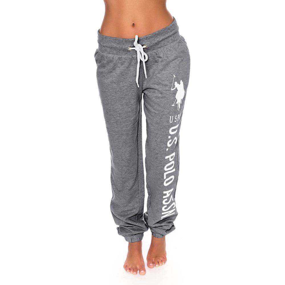 imageUS Polo Assn Womens Sweatpants Women Joggers Sweats with Logo Print French Terry PolyCottonCharcoal Heather With White Print
