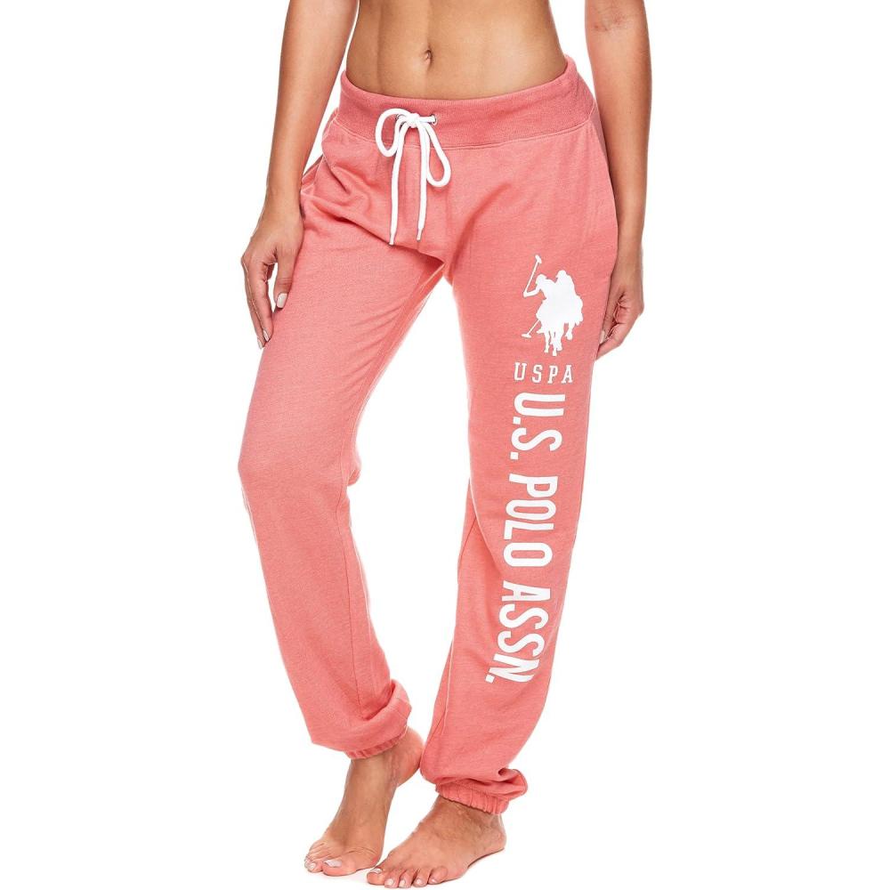 imageUS Polo Assn Womens Sweatpants Women Joggers Sweats with Logo Print French Terry PolyCottonCoralheather With White Print