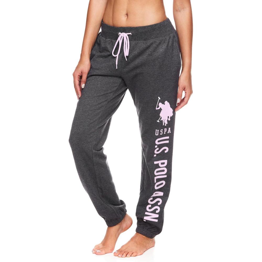 imageUS Polo Assn Womens Sweatpants Women Joggers Sweats with Logo Print French Terry PolyCottonDark Charcoal Heather With Light Pink Print