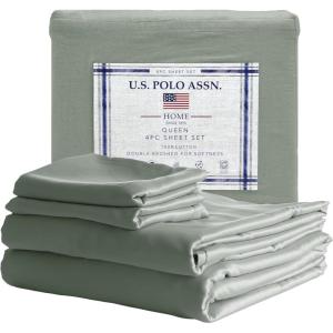 U.S. Polo Assn. 100% Cotton 4PC Sheet Set – 144 Thread Count, Soft & Breathable – Includes Flat Sheet, Fitted Sheet, 2 Pillowcases – King, Desert Sage(Desert Sage)