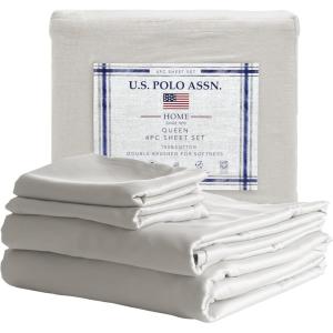 U.S. Polo Assn. 100% Cotton 4PC Sheet Set – 144 Thread Count, Soft & Breathable – Includes Flat Sheet, Fitted Sheet, 2 Pillowcases – King, Desert Sage(Moonbeam)
