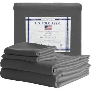 U.S. Polo Assn. 100% Cotton 4PC Sheet Set – 144 Thread Count, Soft & Breathable – Includes Flat Sheet, Fitted Sheet, 2 Pillowcases – King, Desert Sage(Steel Grey)