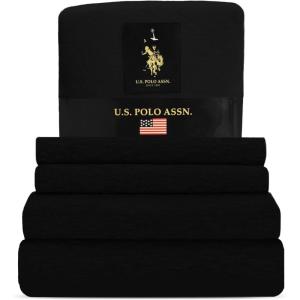 U.S. Polo Assn. All Season, Soft and Cozy T-Shirt Material, 1800 Thread Count 4-Piece Cotton Rich Jersey Sheet Set(Black)