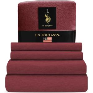 U.S. Polo Assn. All Season, Soft and Cozy T-Shirt Material, 1800 Thread Count 4-Piece Cotton Rich Jersey Sheet Set(Burgundy)