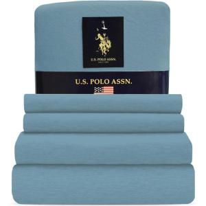 U.S. Polo Assn. All Season, Soft and Cozy T-Shirt Material, 1800 Thread Count 4-Piece Cotton Rich Jersey Sheet Set(Cameo Blue)