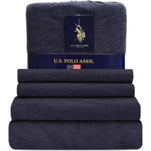 U.S. Polo Assn. All Season, Soft and Cozy T-Shirt Material, 1800 Thread Count 4-Piece Cotton Rich Jersey Sheet Set(Denim)