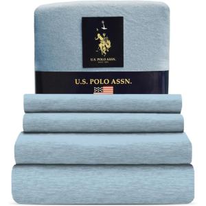 U.S. Polo Assn. All Season, Soft and Cozy T-Shirt Material, 1800 Thread Count 4-Piece Cotton Rich Jersey Sheet Set(Heather Lt.blue)