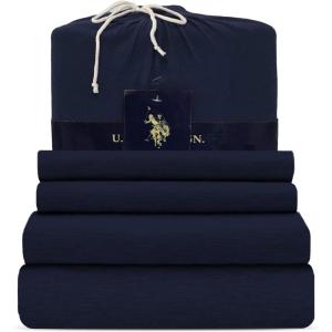 U.S. Polo Assn. All Season, Soft and Cozy T-Shirt Material, 1800 Thread Count 4-Piece Cotton Rich Jersey Sheet Set(Heather Navy)
