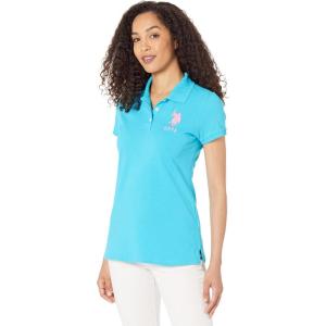 U.S. Polo Assn. Junior’s Neon Logos Short Sleeve Polo Shirt(Scuba Blue)