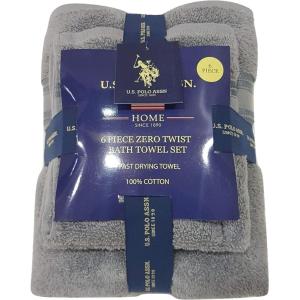 U.S. Polo Assn. Premium 6-Piece Zero-Twist Towel Set – 2 Bath Towels, 2 Hand Towels and 2 Face Towels – Highly Absorbent, Fast Drying and Super Soft Hotel Quality 100% Cotton Set(Gray)