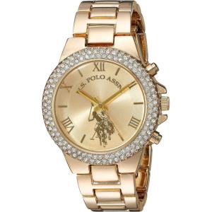 U.S. Polo Assn. Women’s Analog Watch – Gold-Tone Dial with Crystal-Embellished Bezel and Stainless Steel Bracelet – Elegant, Durable, and Adjustable Fit for Wrists 5.5″ to 8″