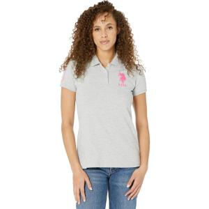U.S. Polo Assn. Women’s Neon Logos Short Sleeve Polo Shirt(Light Grey Heather)