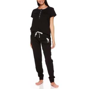 U.S. Polo Assn. Womens Pajama Set with Pockets – Short Sleeve Shirt and Pajama Pants Pj Set(Black1)
