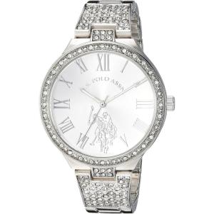 U.S. Polo Assn. Women’s Silver Crystal Analog Watch with Roman Numerals and Polished Bracelet Band – Sparkling Pavé Dial Accents – Fits Wrists 5.5″ to 8″