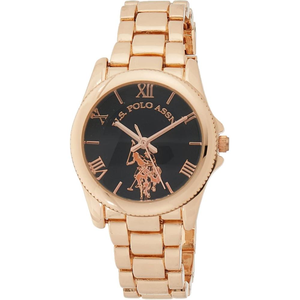 imageUS Polo Assn Womens Rose Gold Watch with Black Dial and Roman Numerals  Analog Quartz Timepiece with Polished Link Bracelet Fits Wrists 55quot8quot in GiftBox