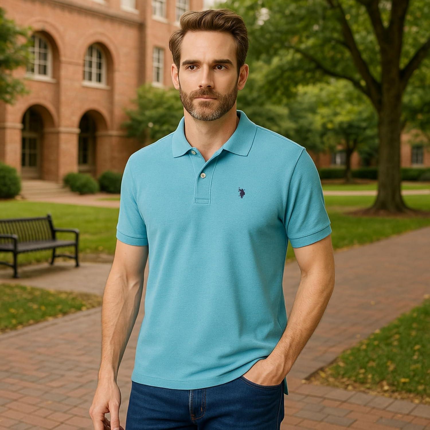 image:imageUS Polo Assn Mens Classic Polo Shirt TwoButton Closure Pique Polo Shirt Summer Fashion Golf ShirtHorizon Blue Heather