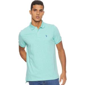 U.S. Polo Assn. Men’s Classic Polo Shirt, Two-Button Closure Pique Polo Shirt, Summer Fashion Golf Shirt(Jade Green Heather)