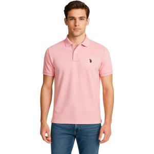 U.S. Polo Assn. Men’s Classic Polo Shirt, Two-Button Closure Pique Polo Shirt, Summer Fashion Golf Shirt(Pink Sunset Heather/Black)