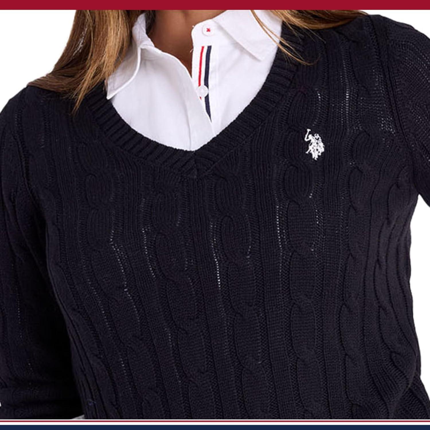 image:imageUS Polo Assn Womens Cable Sweater Soft Knit Embroidered Pony Logo Ribbed Trims Casual Cozy PulloverBlack