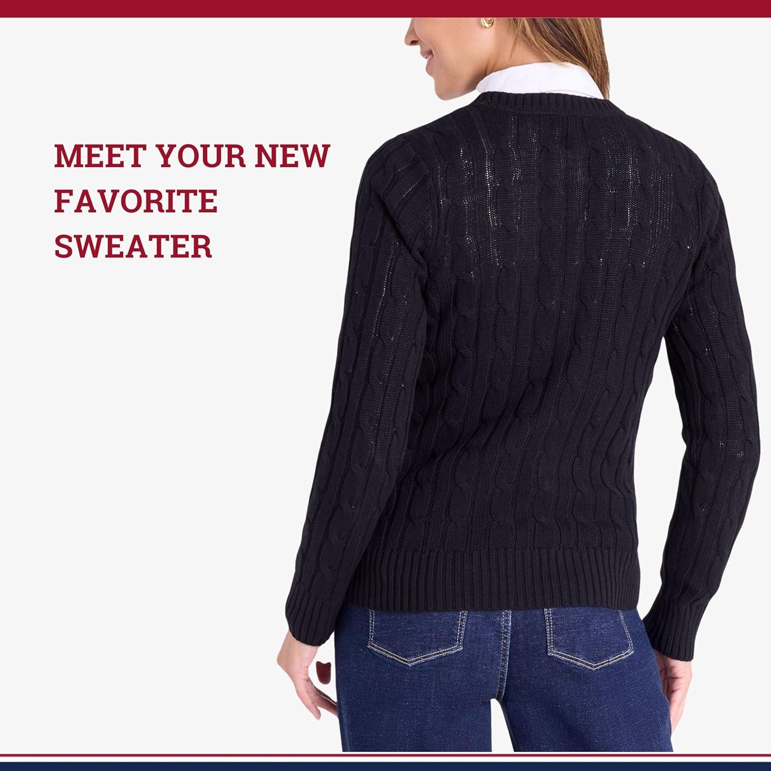 image:imageUS Polo Assn Womens Cable Sweater Soft Knit Embroidered Pony Logo Ribbed Trims Casual Cozy PulloverBlack
