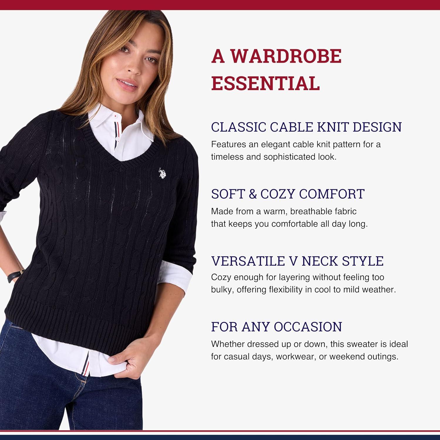 image:imageUS Polo Assn Womens Cable Sweater Soft Knit Embroidered Pony Logo Ribbed Trims Casual Cozy PulloverBlack