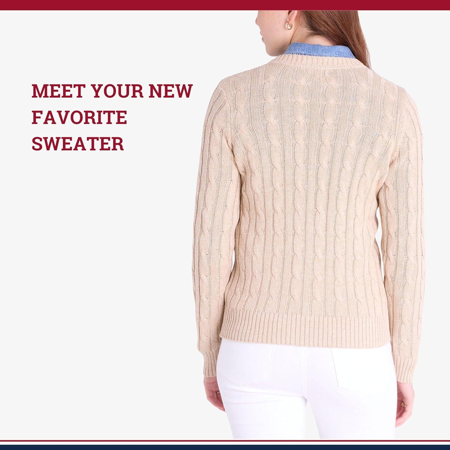 image:imageUS Polo Assn Womens Cable Sweater Soft Knit Embroidered Pony Logo Ribbed Trims Casual Cozy PulloverCamel Heather