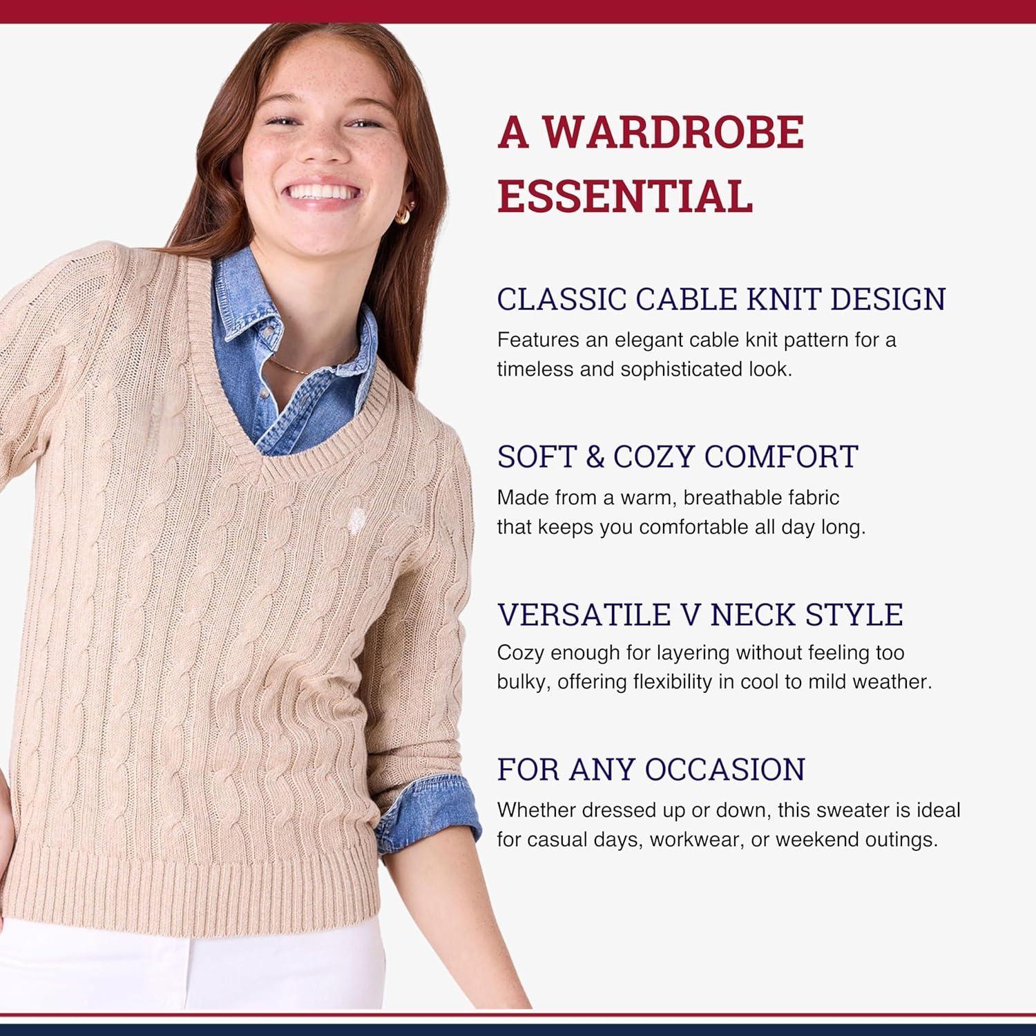 image:imageUS Polo Assn Womens Cable Sweater Soft Knit Embroidered Pony Logo Ribbed Trims Casual Cozy PulloverCamel Heather
