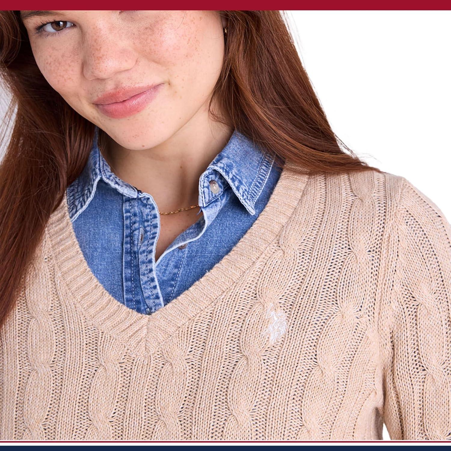 image:imageUS Polo Assn Womens Cable Sweater Soft Knit Embroidered Pony Logo Ribbed Trims Casual Cozy PulloverCamel Heather