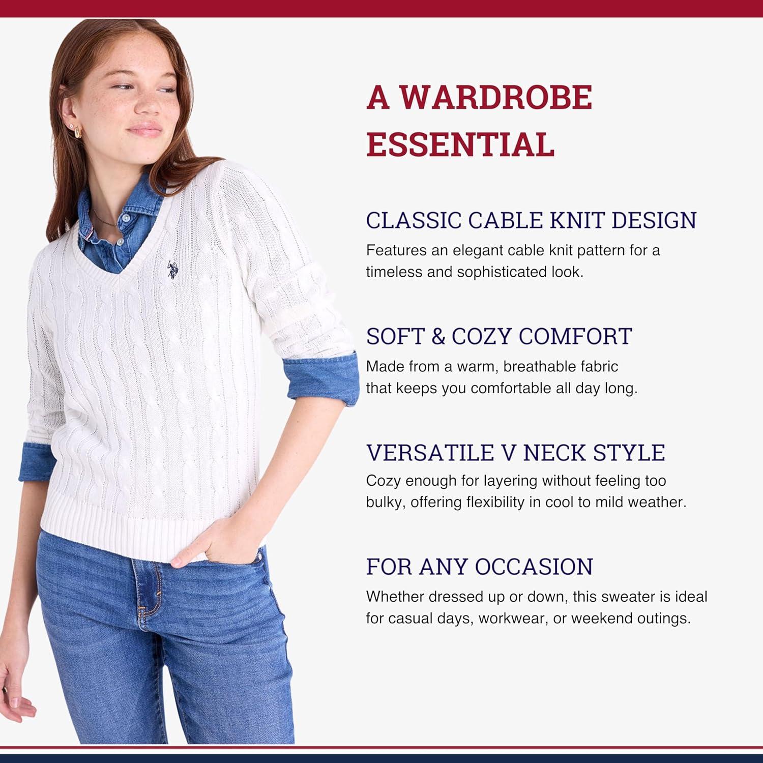 image:imageUS Polo Assn Womens Cable Sweater Soft Knit Embroidered Pony Logo Ribbed Trims Casual Cozy PulloverEgret