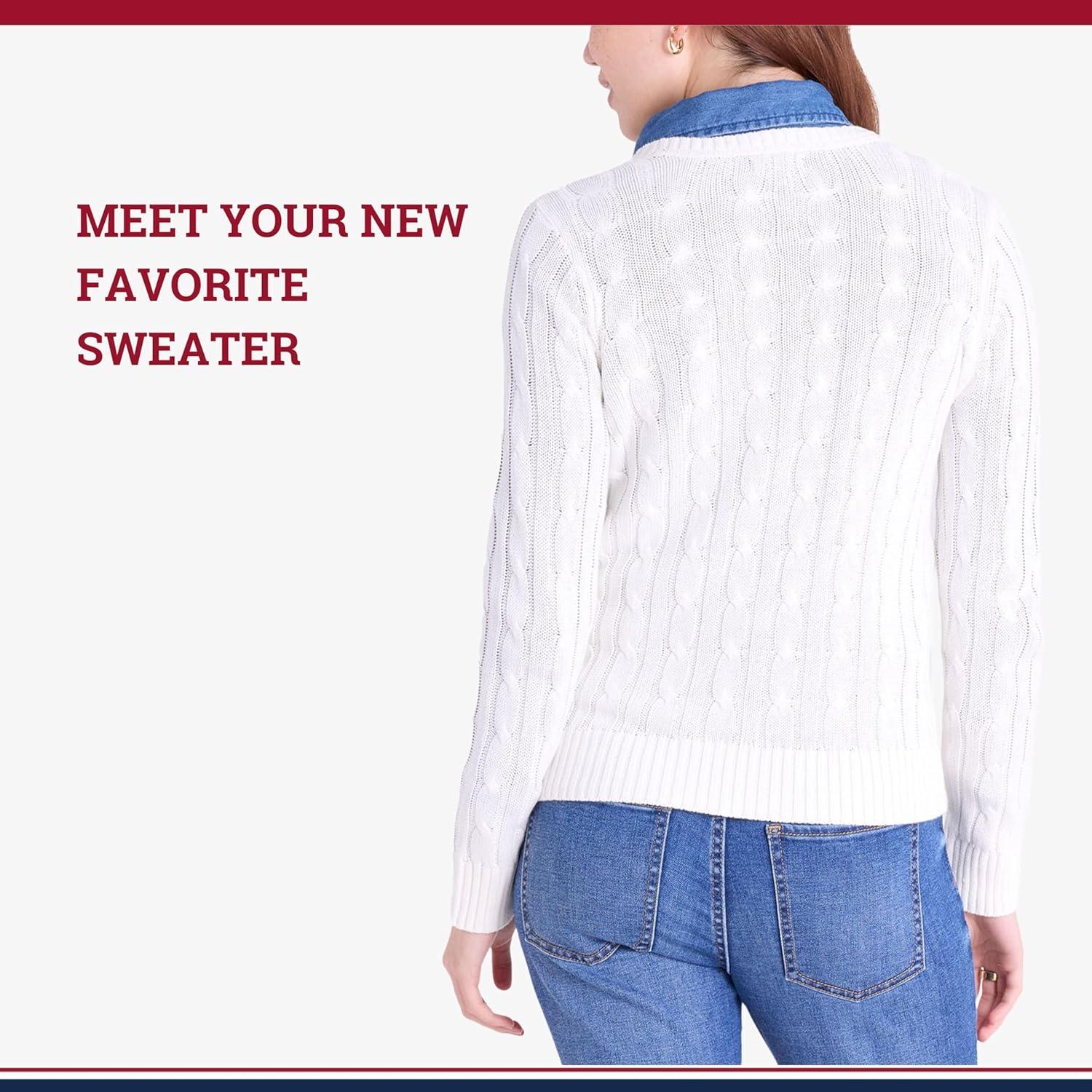 image:imageUS Polo Assn Womens Cable Sweater Soft Knit Embroidered Pony Logo Ribbed Trims Casual Cozy PulloverEgret