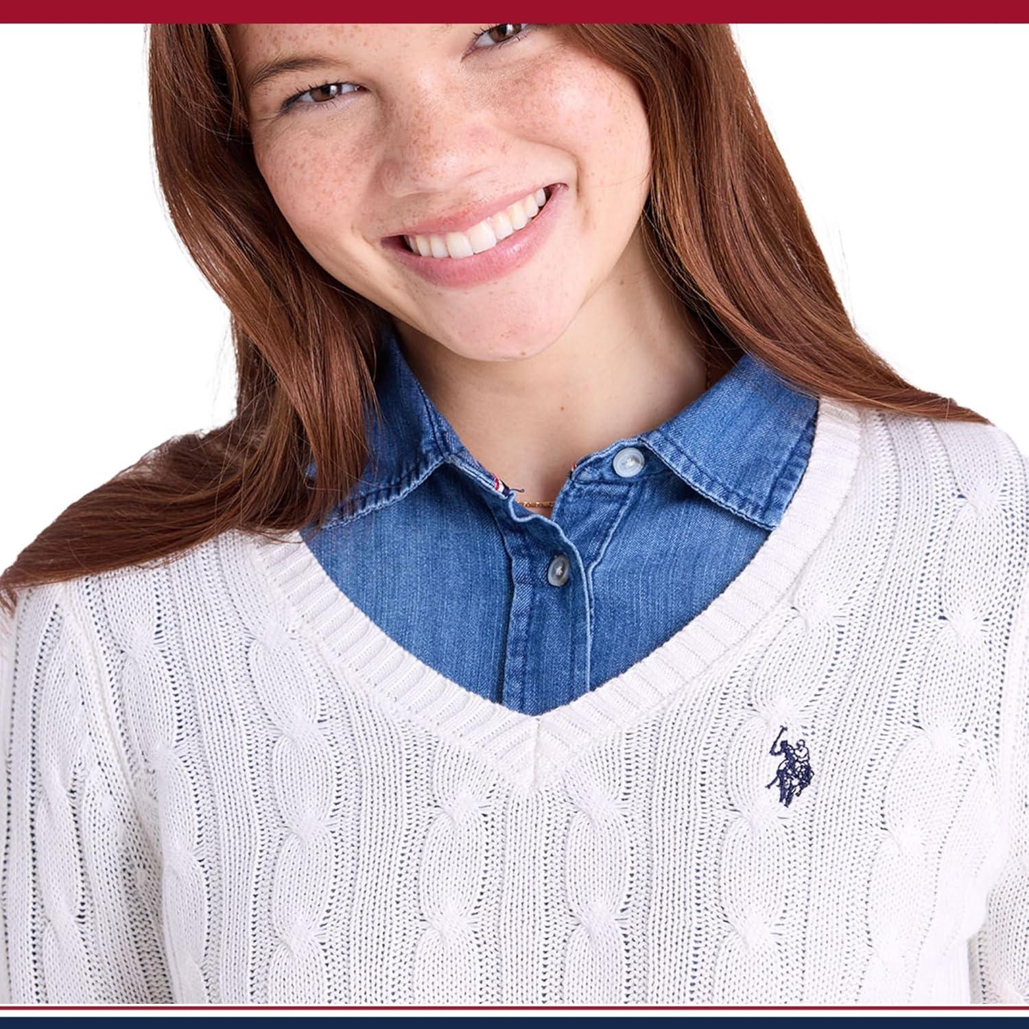 image:imageUS Polo Assn Womens Cable Sweater Soft Knit Embroidered Pony Logo Ribbed Trims Casual Cozy PulloverEgret