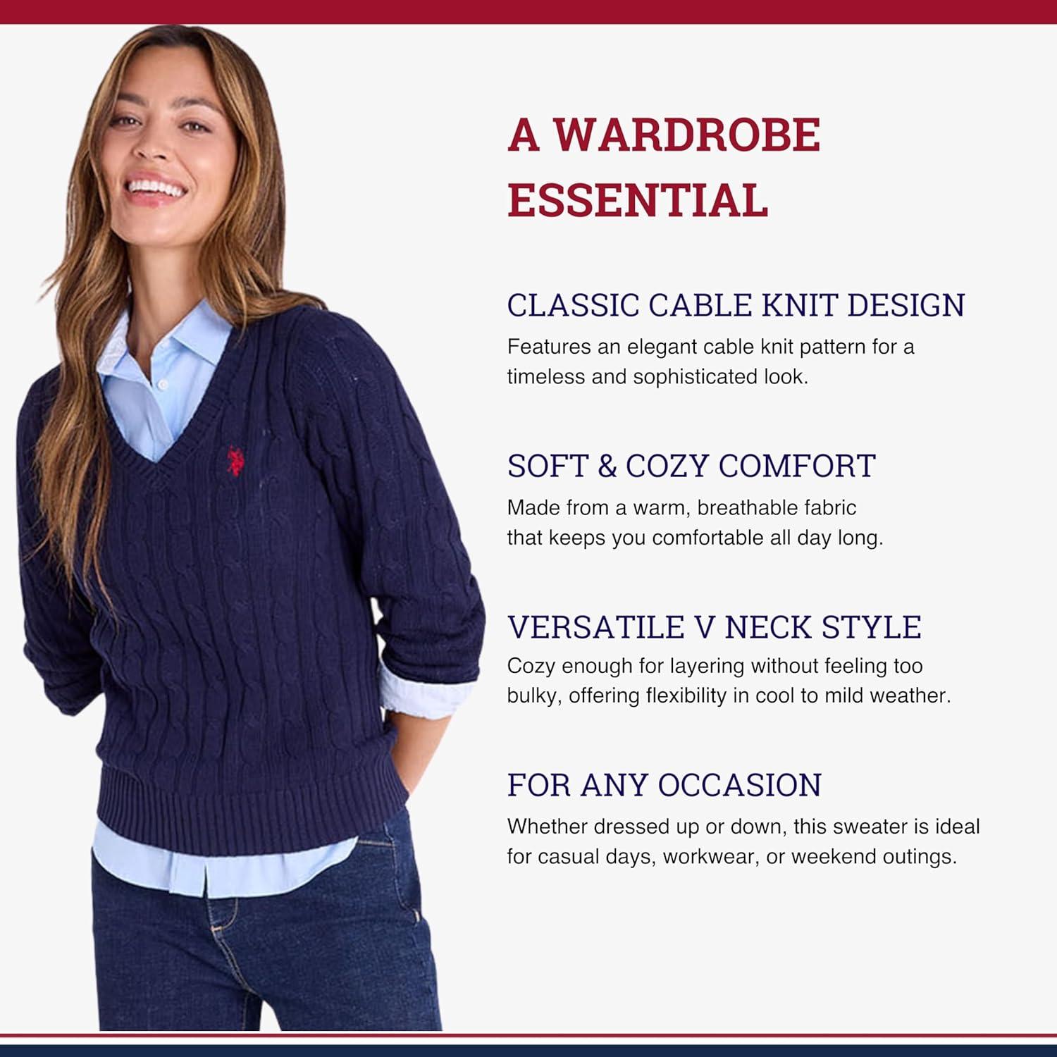 image:imageUS Polo Assn Womens Cable Sweater Soft Knit Embroidered Pony Logo Ribbed Trims Casual Cozy PulloverEvening Blue