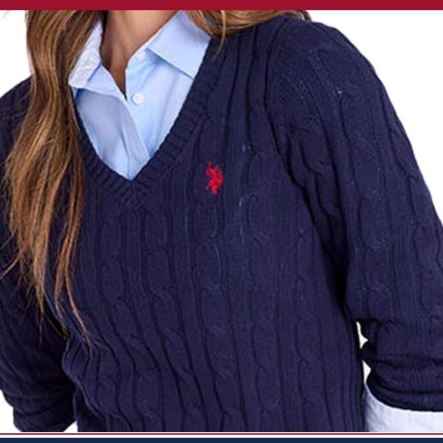 image:imageUS Polo Assn Womens Cable Sweater Soft Knit Embroidered Pony Logo Ribbed Trims Casual Cozy PulloverEvening Blue