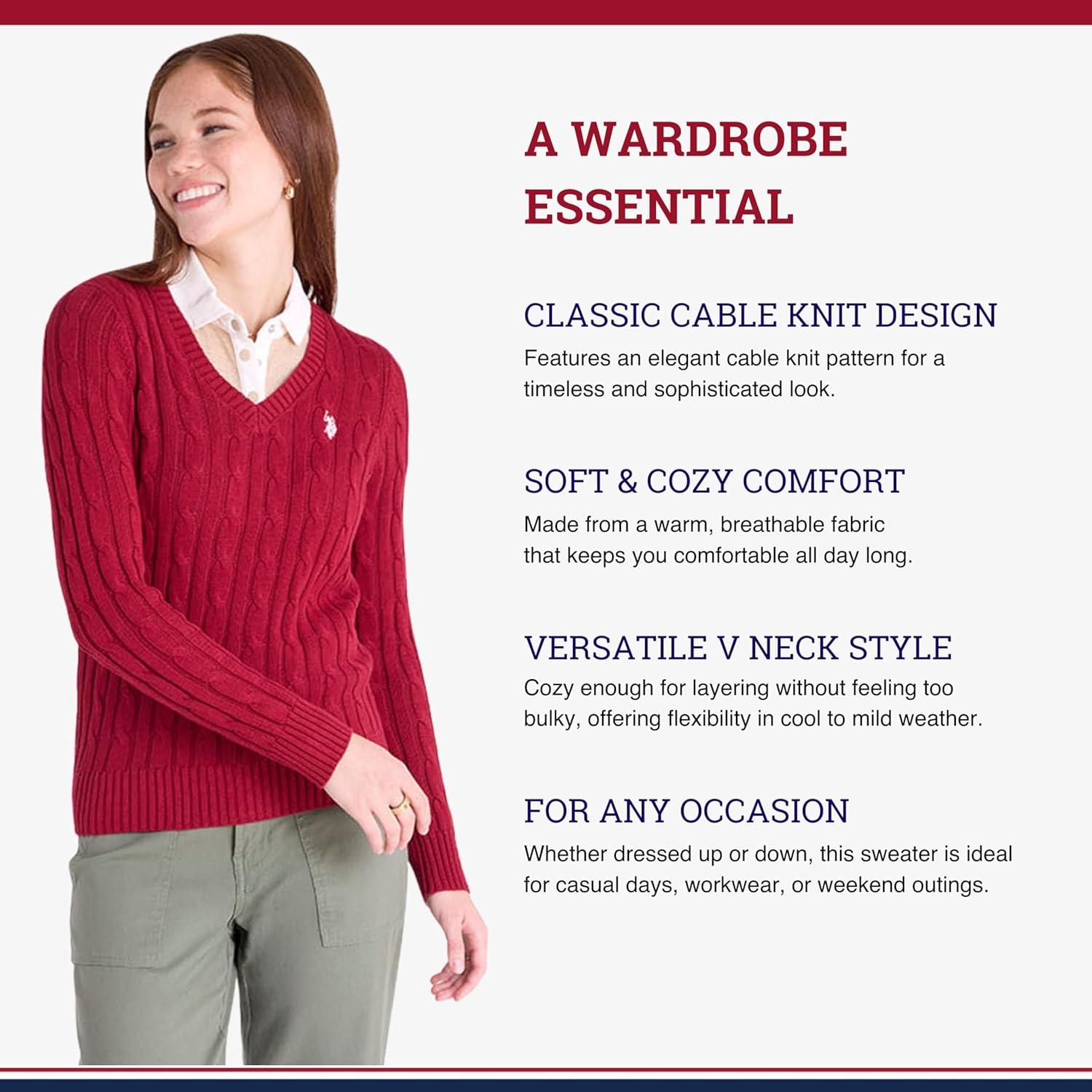 image:imageUS Polo Assn Womens Cable Sweater Soft Knit Embroidered Pony Logo Ribbed Trims Casual Cozy PulloverUniversity Red