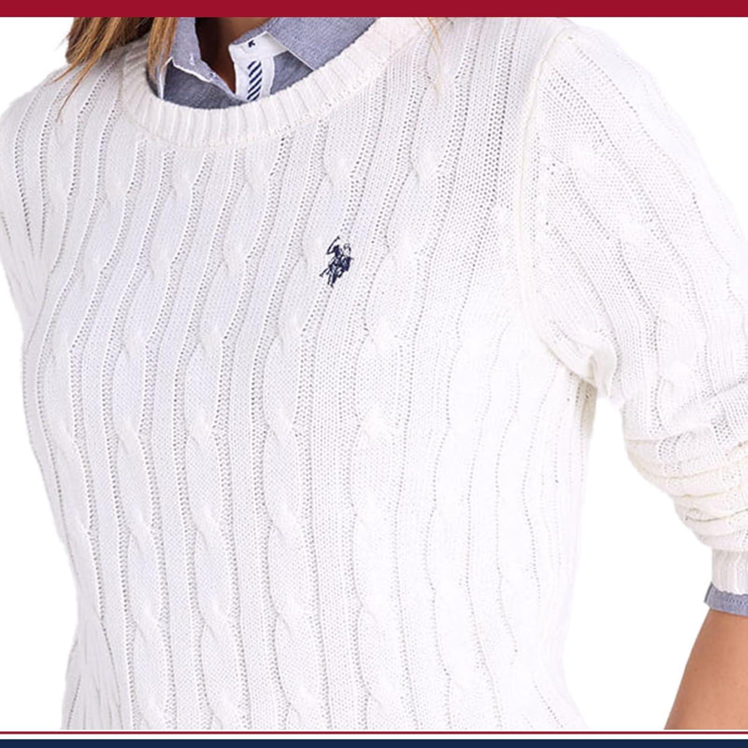 image:imageUS Polo Assn Womens Crew Neck Sweaters Raglan Cable Knit amp StripedEgret