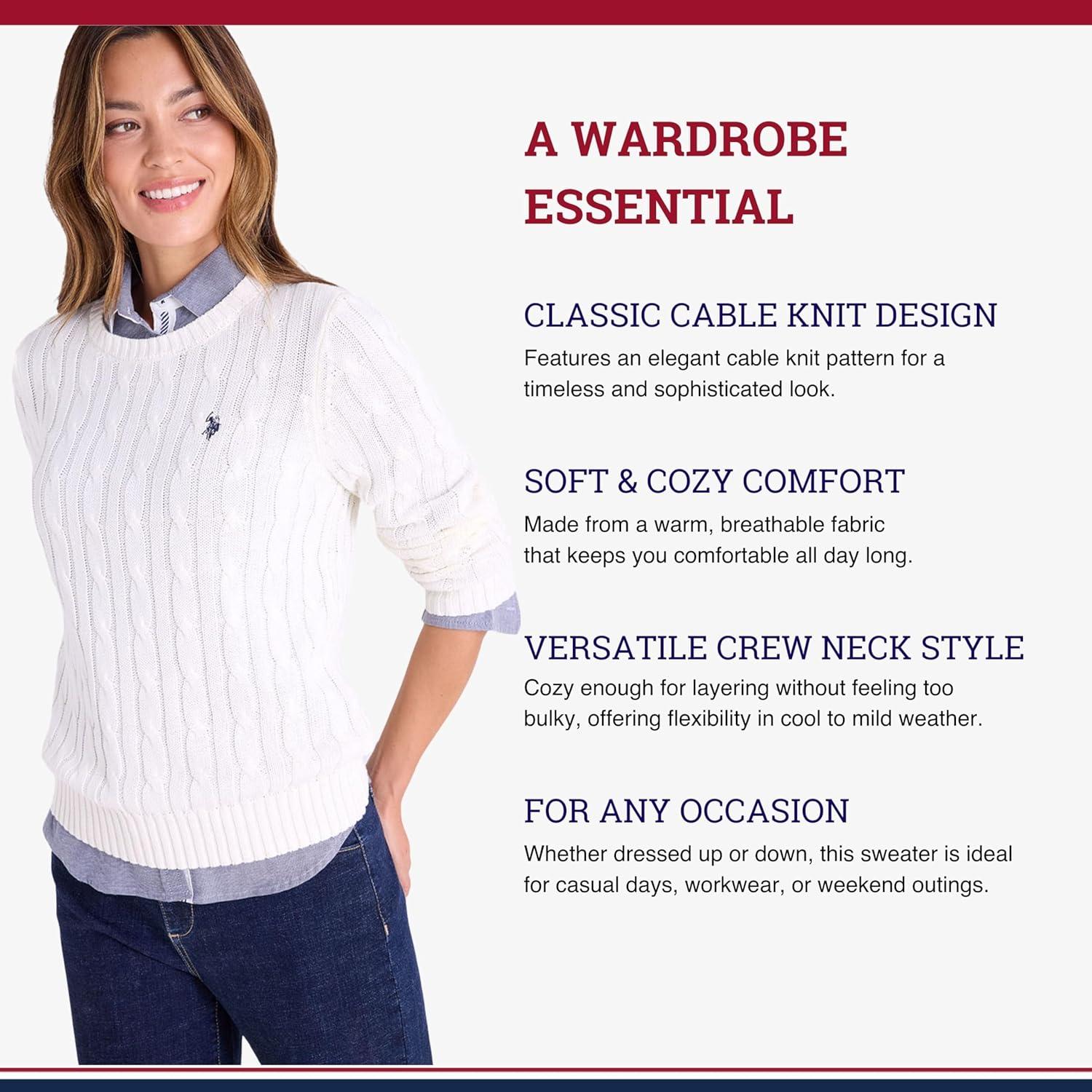 image:imageUS Polo Assn Womens Crew Neck Sweaters Raglan Cable Knit amp StripedEgret